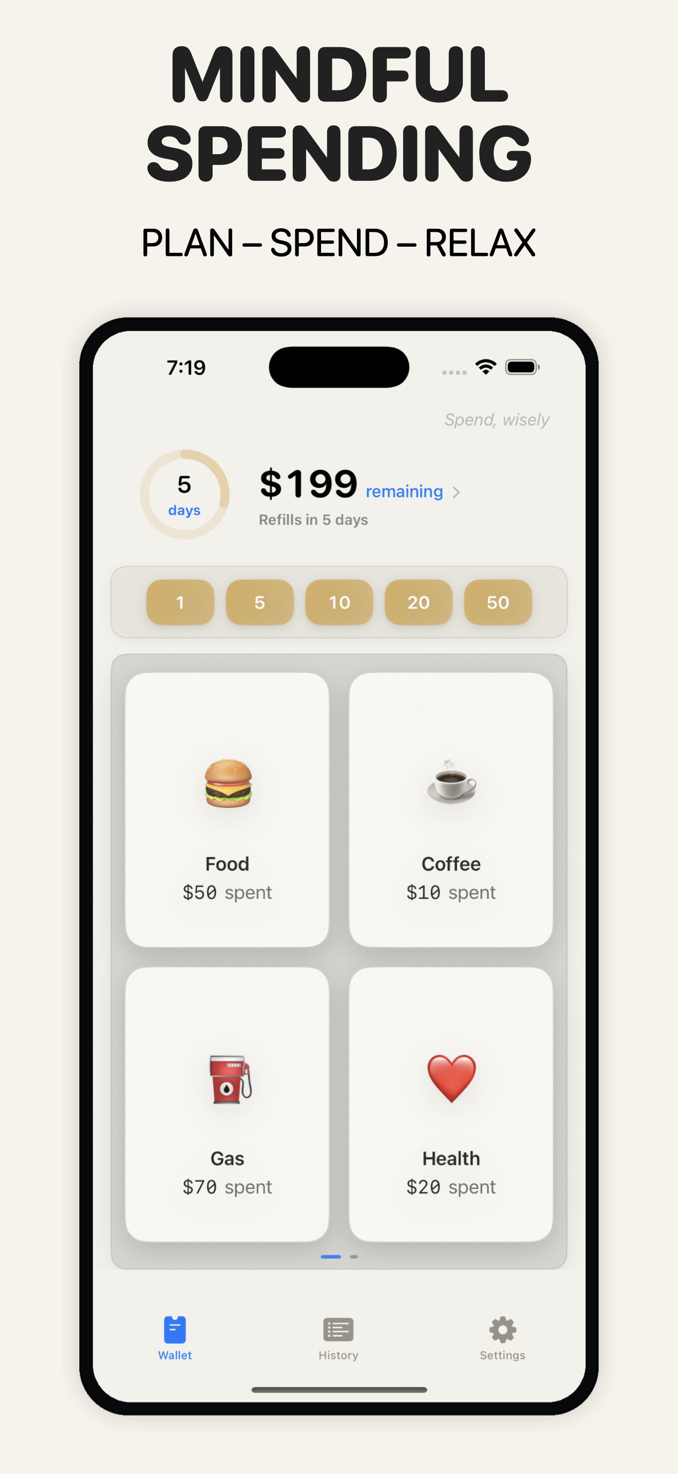GASI showing a wallet, tokens, and spending tiles