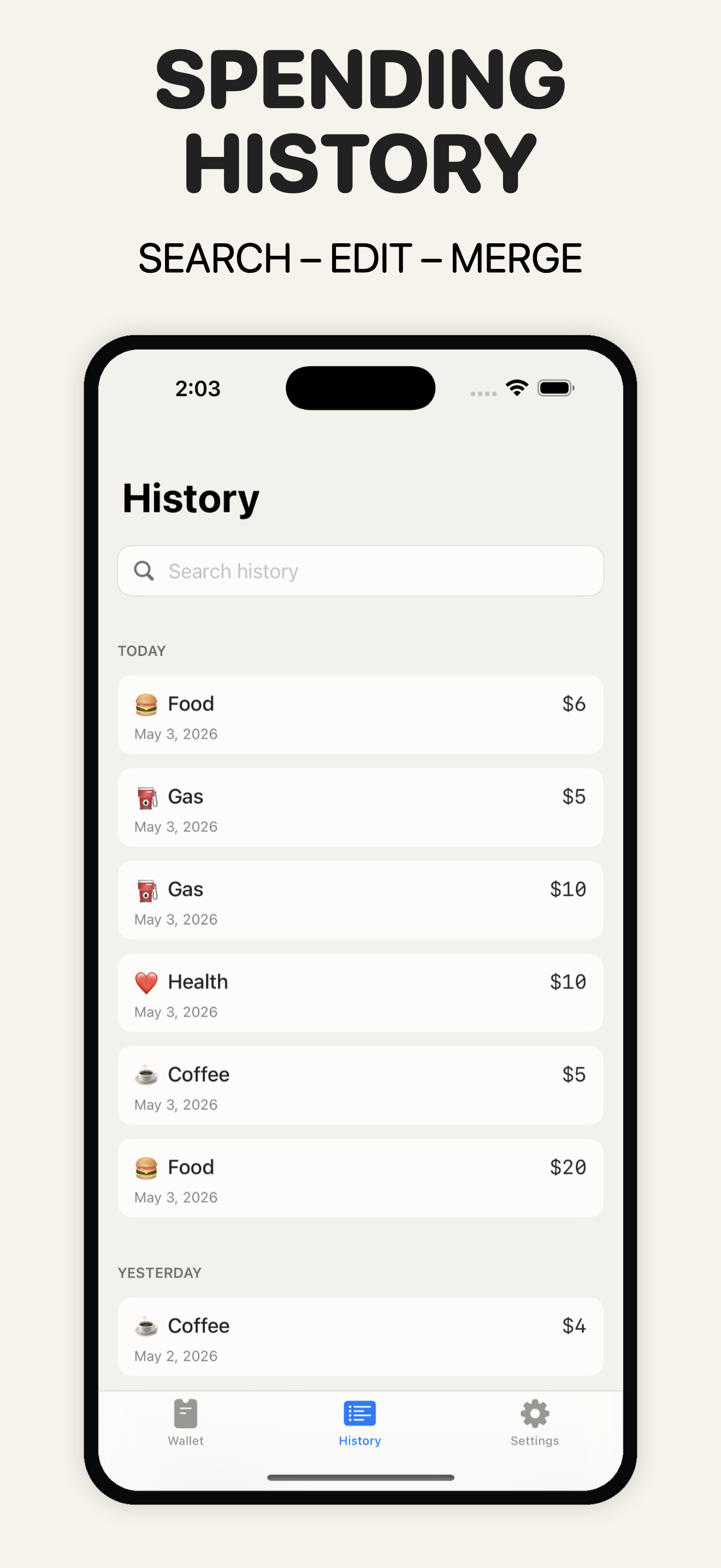 Spend history screenshot