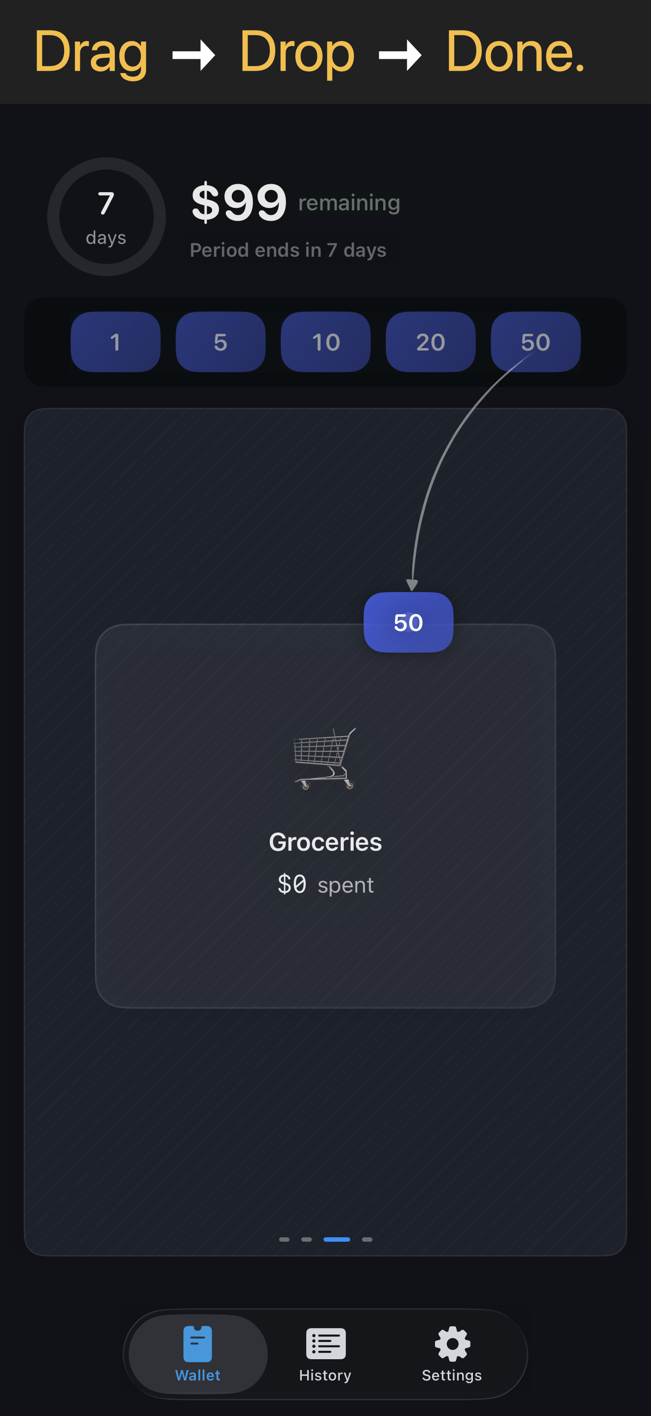 GoAheadSpendIt showing a wallet, tokens, and spending tiles